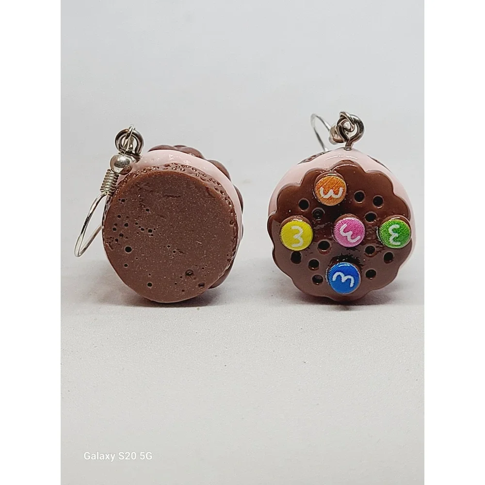 Handmade Chocolate Candy Cookie Sandwich Drop Earrings Pink Cream Resin Food